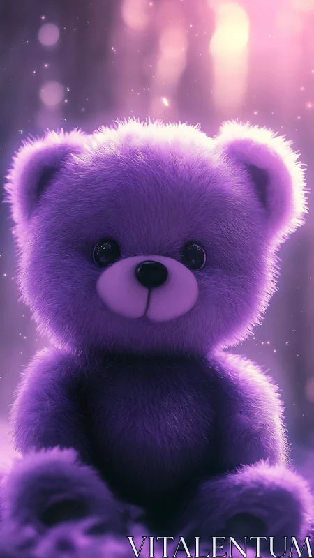 Gentle purple teddy bear glows softly in dreamy starlight
