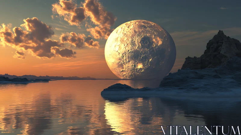 Lunar giant kissing sunset seas in otherworldly hush.