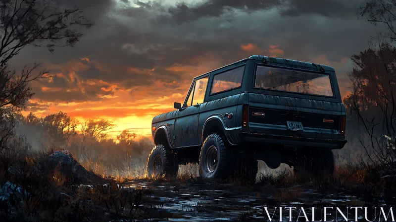 Off-road SUV silhouette in cinematic sunset wetlands scene.