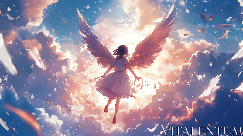 Soaring angelic silhouette framed by radiant sunset clouds.