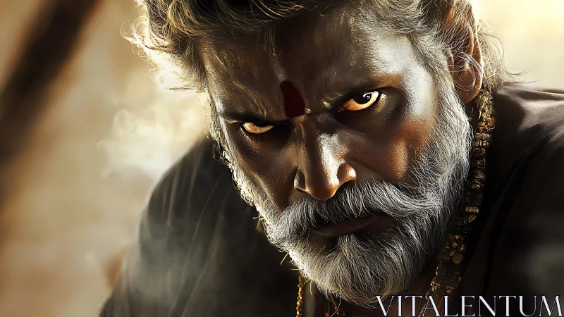 Close portrait shows intense gaze of bearded older man