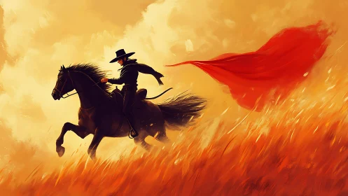 Masked rider on black horse crossing blazing field at speed.