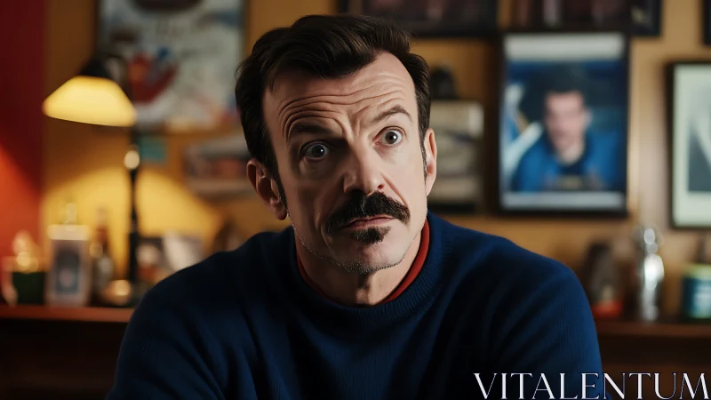 Mustached man caught mid-thought in warmly lit study scene.