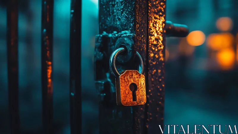 Macro close-up of brass padlock on wet metal gate in bokeh light