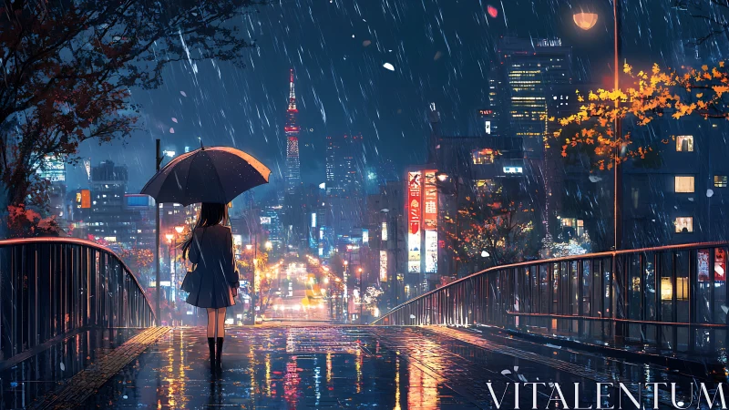 Umbrella girl crossing neon rain above sleepless city streets.