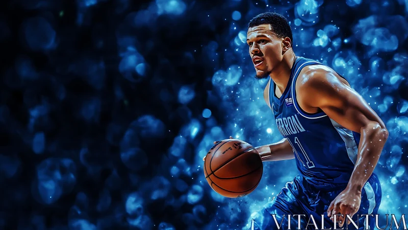 Digital rendering shows basketball player dribbling rightward