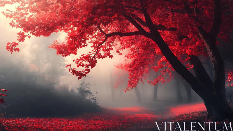 Crimson forest glow welcomes a quiet walk through misty light