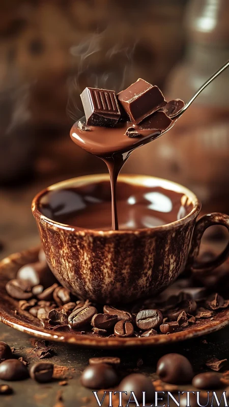 Steaming chocolate cup welcomes rich melting chunks above