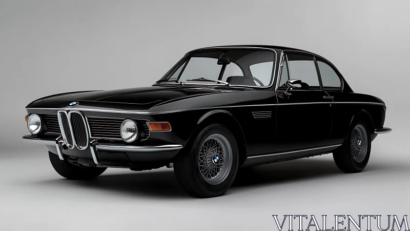 Sleek black vintage BMW coupe in studio side-front view.