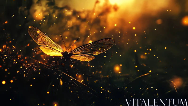 Glowing insect hovers in golden dusk with luminous dust
