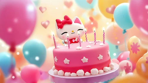 Three-Dimensional Rendered Birthday Cake with Anthropomorphic Cat Figure Surrounded by Volumetric Bo