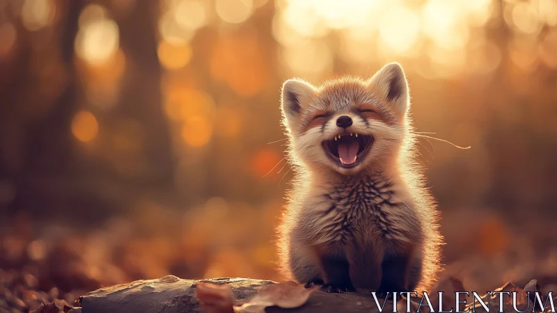 Photorealistic fox kit portrait in warm autumn backlight.