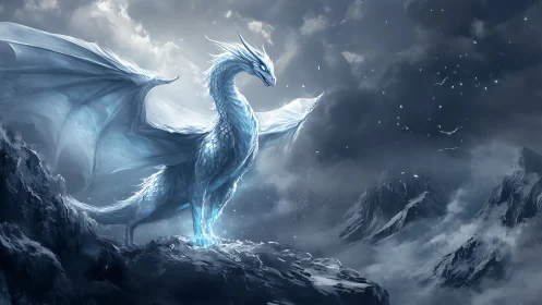 Glacial dragon panorama in luminous fantasy digital painting.