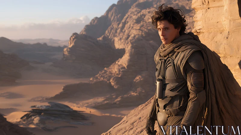 Solitary desert wanderer pausing in windswept golden dunes.