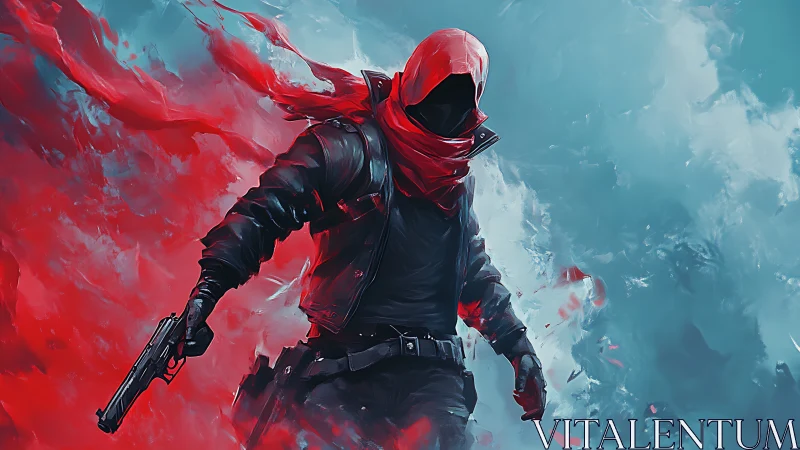 Red-hooded rogue strides boldly through swirling chaos