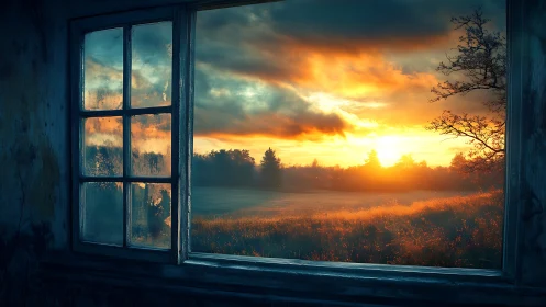 Old window frame opens onto vivid digital sunset landscape