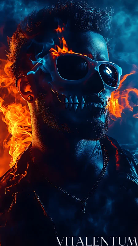 Flaming neon skull portrait merges fire, smoke, and attitude