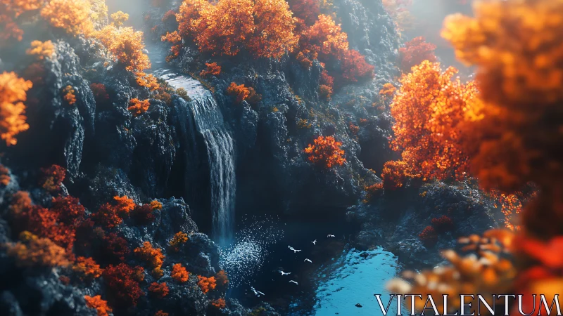 Digital render depicts rocky waterfall amid dense orange foliage