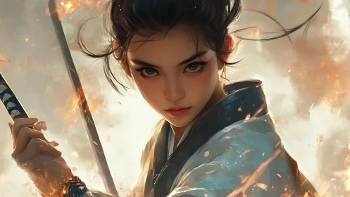 Fierce young swordswoman framed by swirling embers.