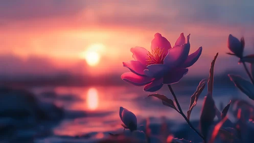 Lotus blossom glows against vivid coastal sunset horizon.