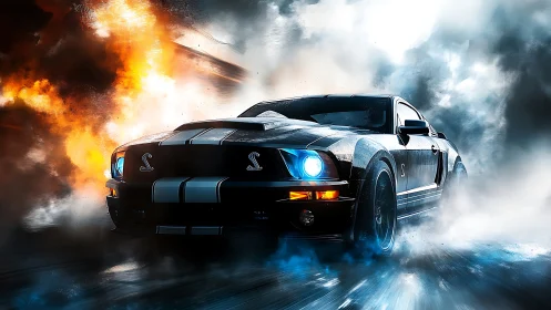 Muscle car accelerates through explosive, high-contrast vapor plume