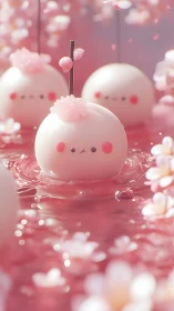 Kawaii confection orbs in shallow sakura liquid environment.