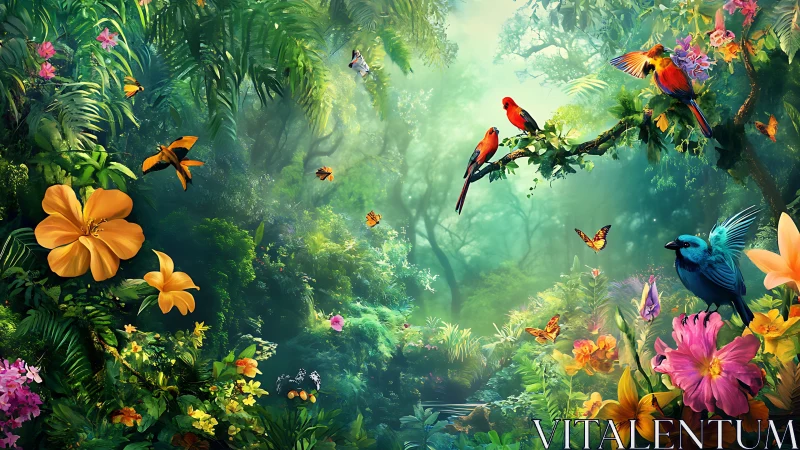 Lush jungle paradise welcomes bright birds and gentle butterflies