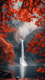 Crimson forest waterfall frames misty mountain gorge.