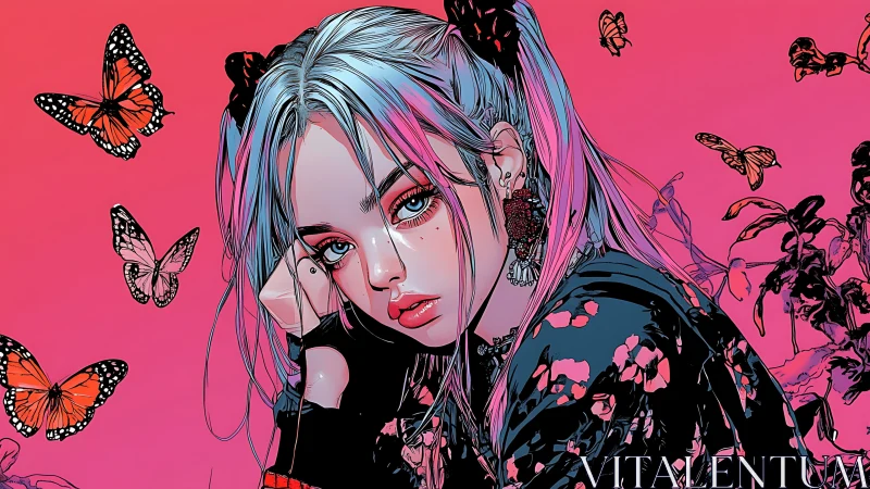 Melancholic girl with butterflies in neon gradient sky.