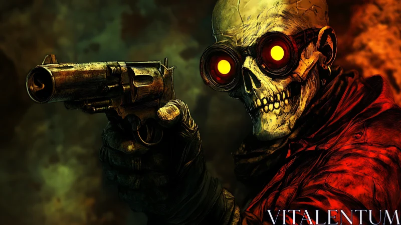 Postapocalyptic skull gunner with glowing goggles and revolver.