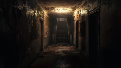 Decayed interior corridor with central staircase and doors.