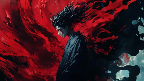 Solitary figure enveloped by turbulent red energy flow dynamics