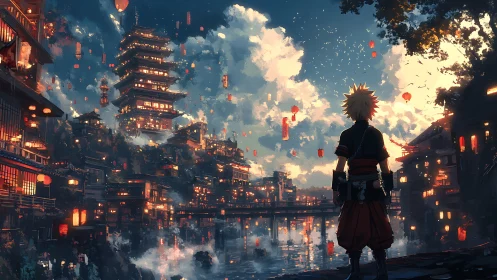 Lantern-dense river metropolis with solitary anime observer.
