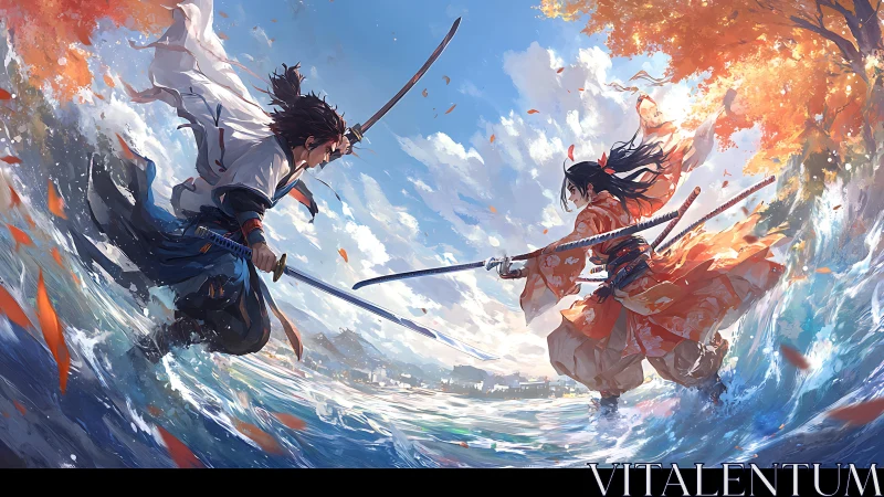 Samurai duel on water under bright sky and autumn trees.