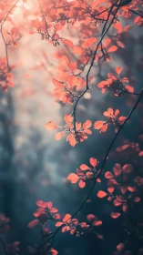 Coral leaves drift through silver dusk in dreamy bokeh glow.