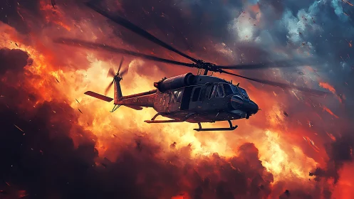 Combat helicopter cuts through incendiary storm clouds.