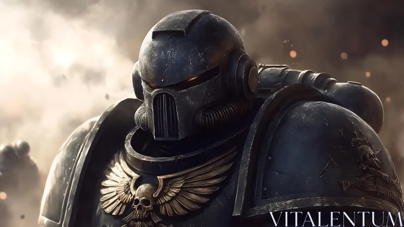 Armored sci fi super soldier in black battle gear.