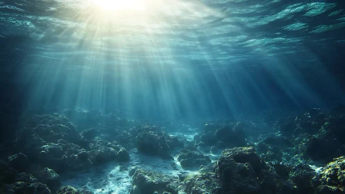 Volumetric caustics illuminate shallow seabed with detailed rocky terrain