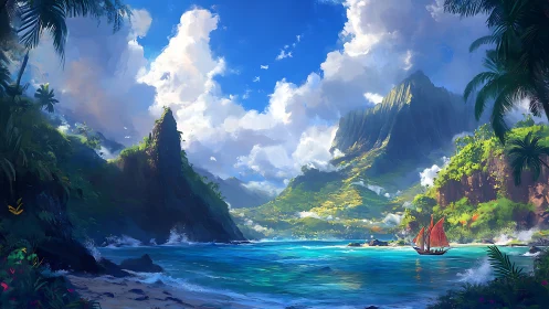 Tropical Paradise Valley with Red Sail Vessel and Pristine Waters