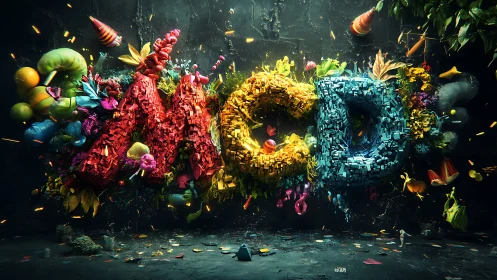 Colorful 3D letters MCD built from scattered fragments.