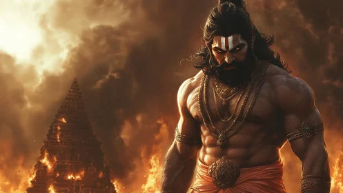 Mythic warrior before burning temple structure in flames.