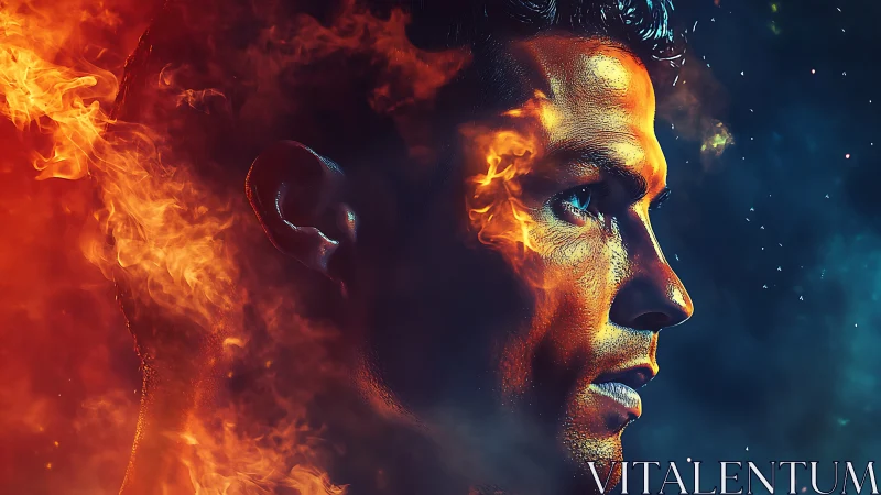 Profile portrait of male face emerging from vivid flames