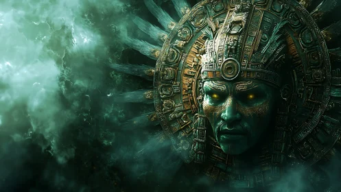 Mesoamerican-style stone mask with glowing eyes in mist.