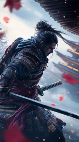 Samurai swordsman holds drawn katana in dynamic side profile