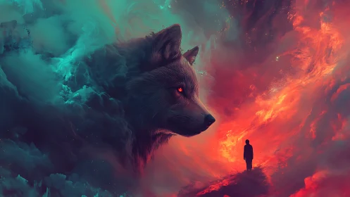 Wolf head in nebula sky with lone human silhouette present.
