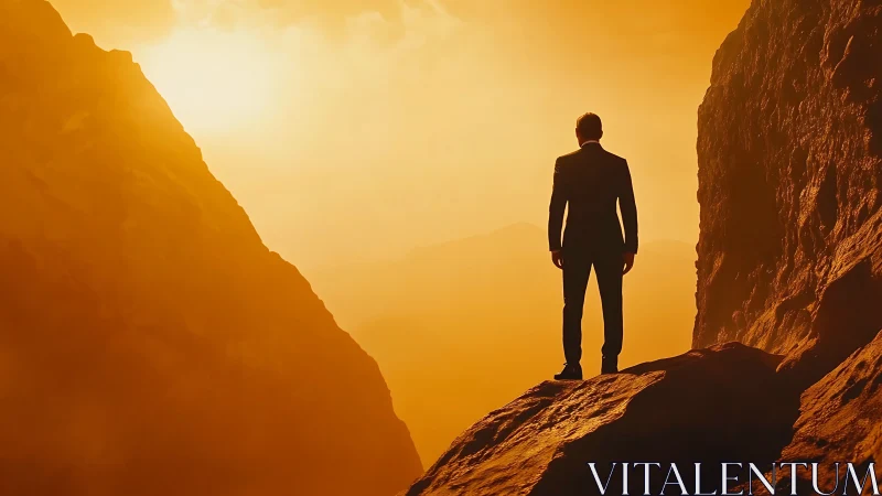 Businessman stands on rocky ledge between cliffs at sunset