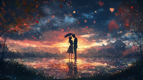 Two Hearts Under the Glow: A Rainy Sunset Romance.