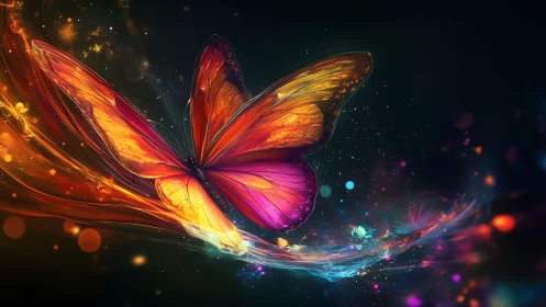 Vibrant glowing butterfly with swirling neon light trail.