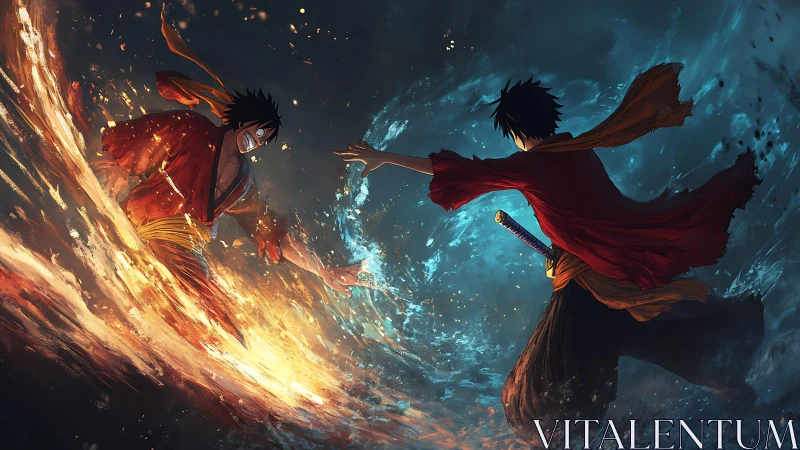 Dual elemental warriors in dynamic fire and water clash.