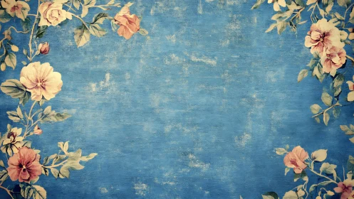 Floral border illustration on textured blue background.